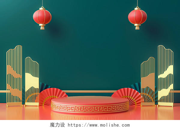 C4D立体中式国潮风电商展台红色春节年货节背景素材